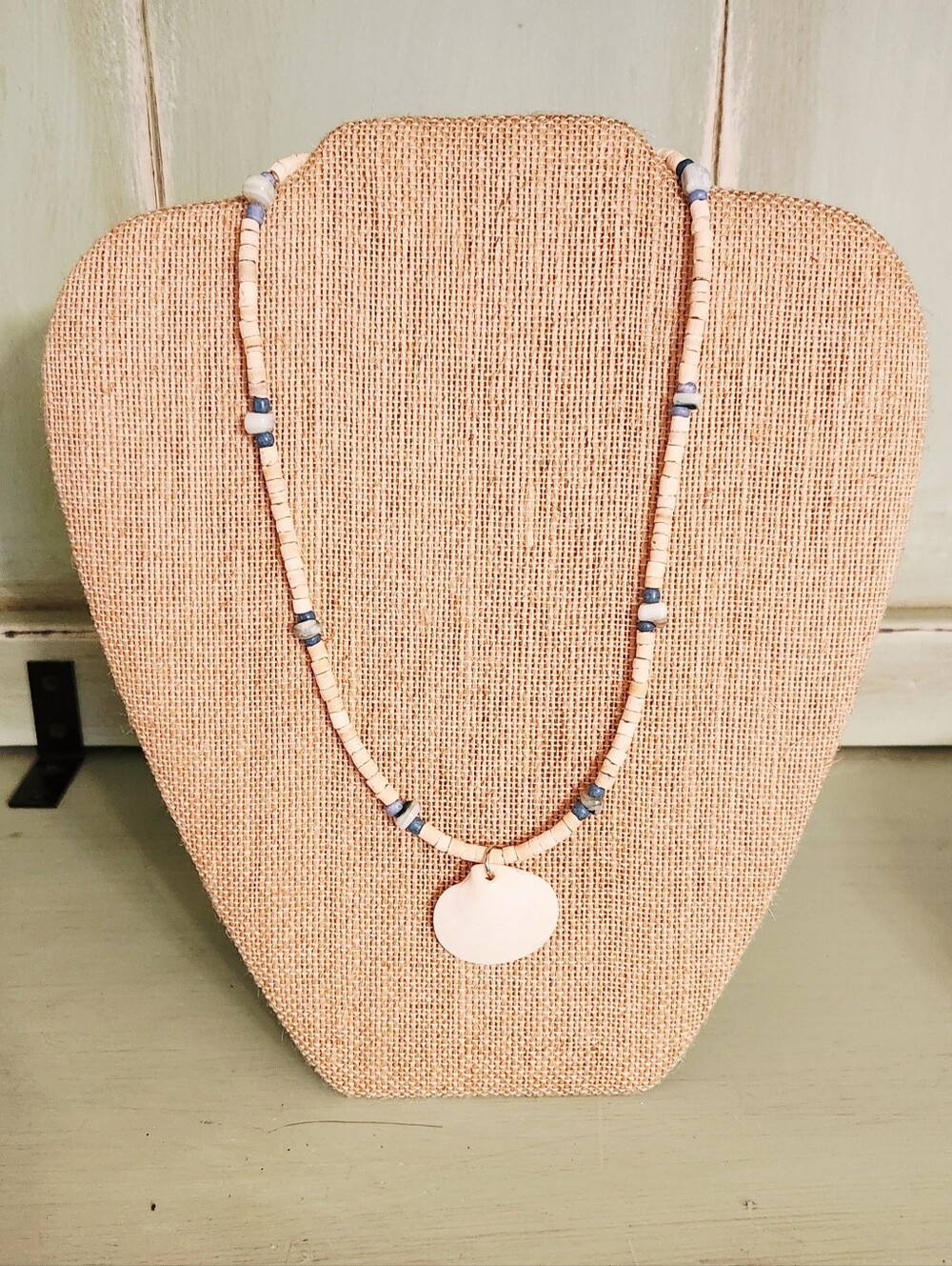 Handmade Wood Bead Necklace With Shell Pendant
